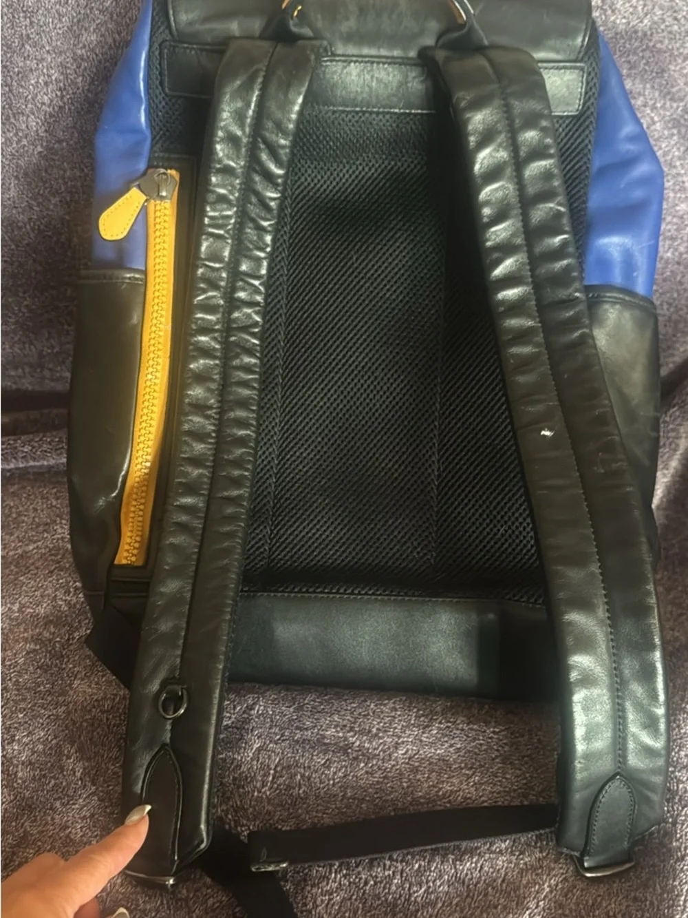 Coach Men's Blue and Black Logo Panel Flap Backpack with Gold Accents